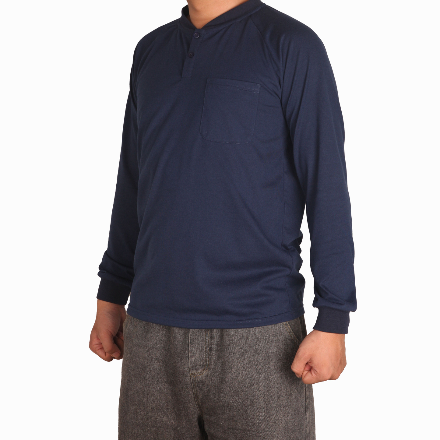 Flame Resistant Henley Neck Long Sleeve T Shirt Slim Fit Industrial Grade FR Protection Cotton Blend Comfort