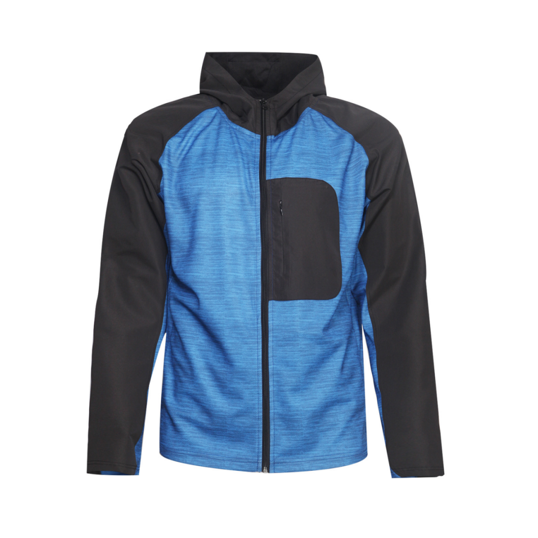 Men's Sporty Zip Up Hooded Windbreaker Dynamic Blue Black Color Block Design Lightweight Knit Polyester for Hiking