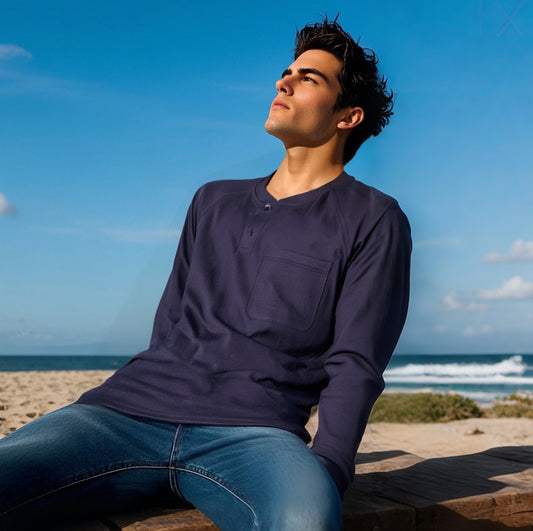 Flame Resistant Henley Neck Long Sleeve T Shirt Slim Fit Industrial Grade FR Protection Cotton Blend Comfort